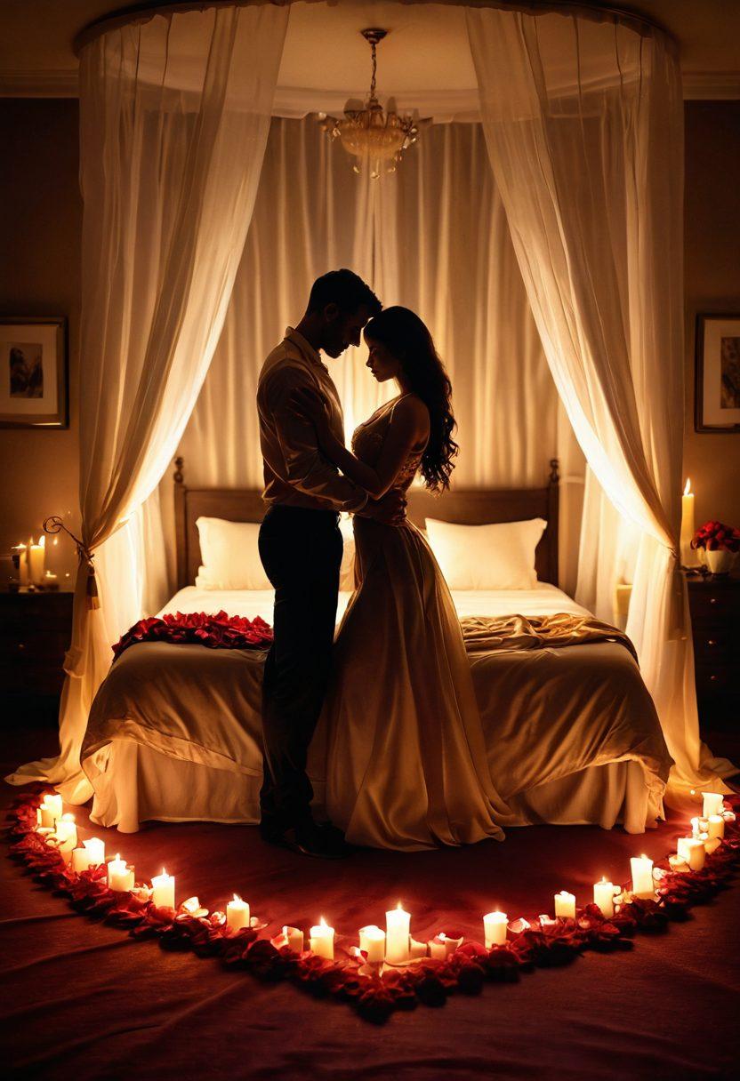 A sensual scene featuring a beautifully lit, cozy bedroom, with soft, flowing fabrics and warm candlelight creating an intimate atmosphere. Include two shadowy figures entwined in a sensual dance, exuding passion and desire. Surround the scene with ethereal, dreamy elements like floating hearts and soft petals to evoke romance and intimacy. The color palette should be rich and warm, with deep reds and soft golds. super-realistic. vibrant colors.