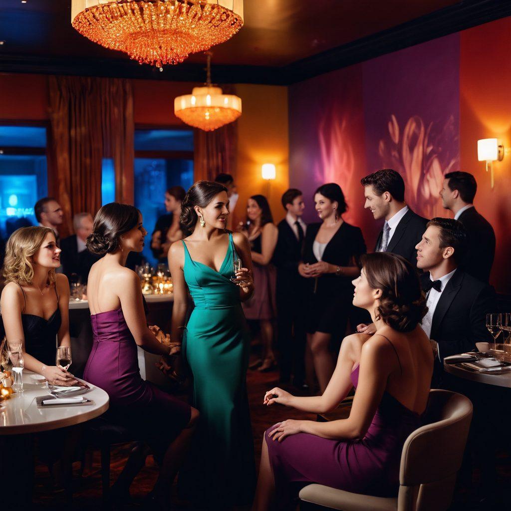 A seductive and inviting scene featuring a lavish adult networking event with elegantly dressed people engaging in playful, flirtatious interactions. Incorporate colorful lighting that casts enchanting shadows and highlights diverse individuals enjoying themselves in intimate conversations. Include subtle hints of kink, like stunning accessories or playful props, to amplify the theme of exploration and pleasure. The background should suggest both elegance and intrigue, inviting the viewer to imagine themselves within this alluring atmosphere. vibrant colors. super-realistic.