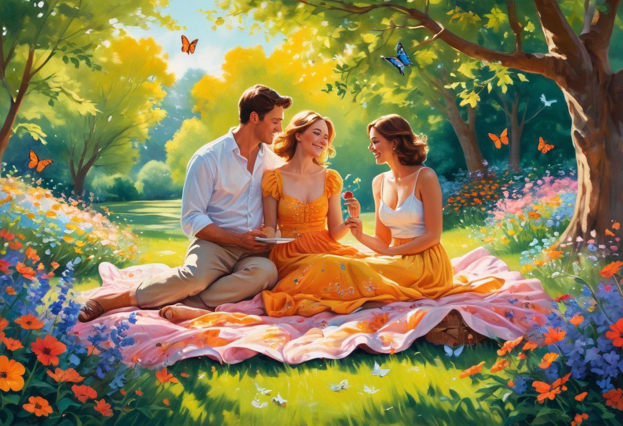 A whimsical and vibrant illustration of a couple playfully flirting in a sunlit park, surrounded by blooming flowers and butterflies. The scene should exude a sense of carefree joy and sensuality, with soft, flowing fabrics suggesting movement. Include hints of adventure such as a picnic basket and a playful puppy. The color palette should be warm and inviting, capturing the essence of love and desire. painting. vibrant colors. sunny atmosphere.